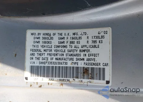 2002 Honda Civic Si из США, поврежденный, VIN SHHEP33532U304730